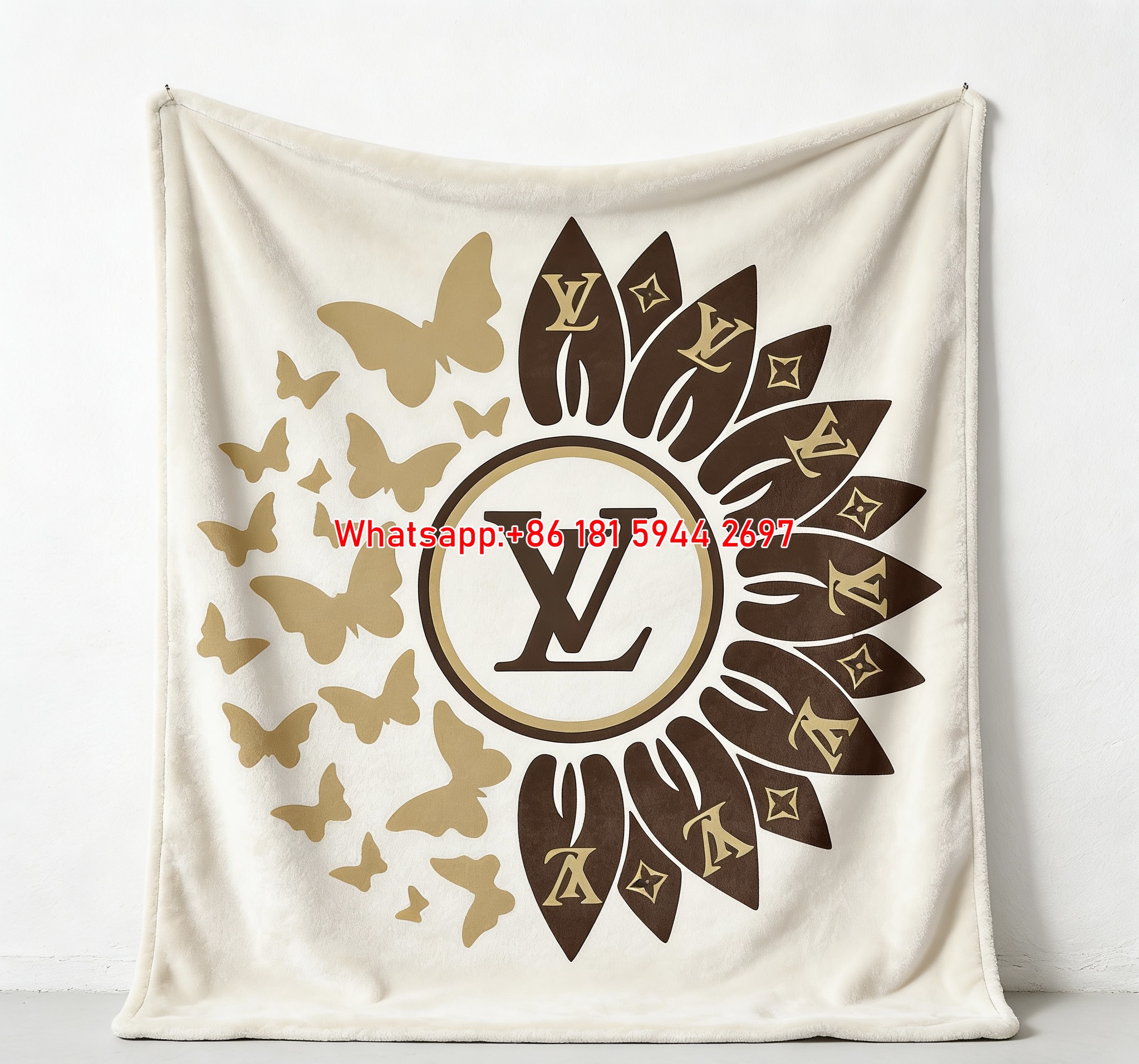 LV Floral Monogram Flannel Blanket Golden LV Butterfly Throw 052